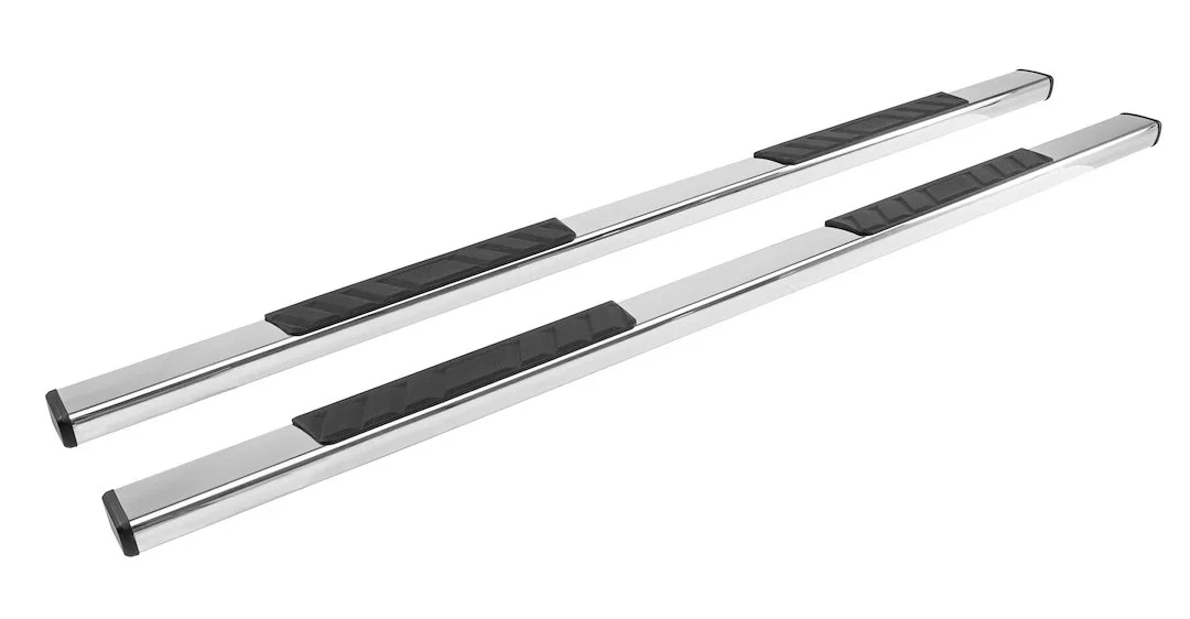 122-0493 – ICONIC ACCES Nerf Bar, With Step Pads 4 Inch Rectangular Straight Polished Silver Stainless Steel With Pla...